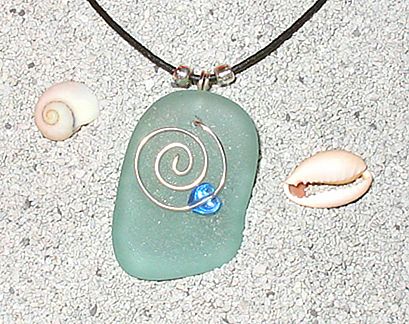 "VERY RARE" GENUINE SKY BLUE STERLING SILVER SPIRAL SEA GLASS NECKLACE.